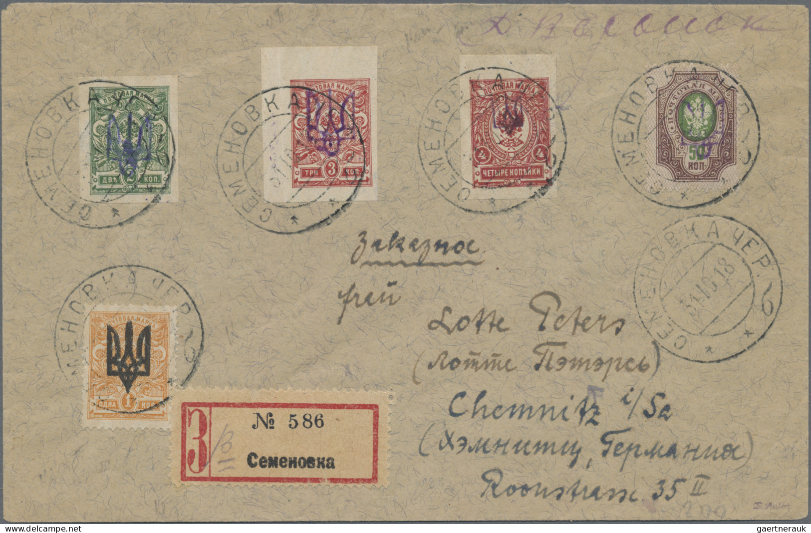 Ukraina: 1918 Registered Cover From Semenovka To Chemnitz, Germany Franked By Fi - Ukraine