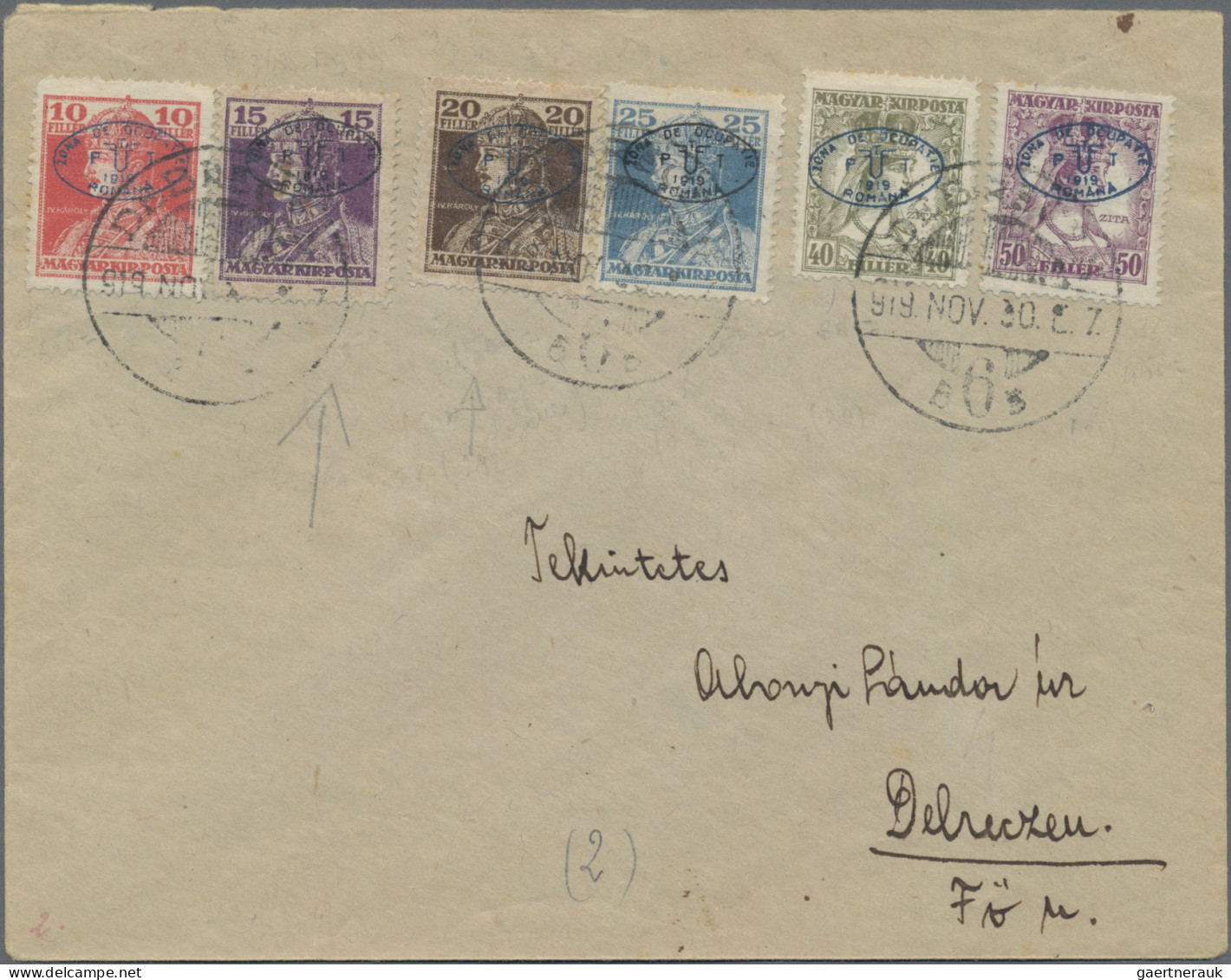 Hungary: 1919, set of six envelopes, locally addressed, each with multiple stamp