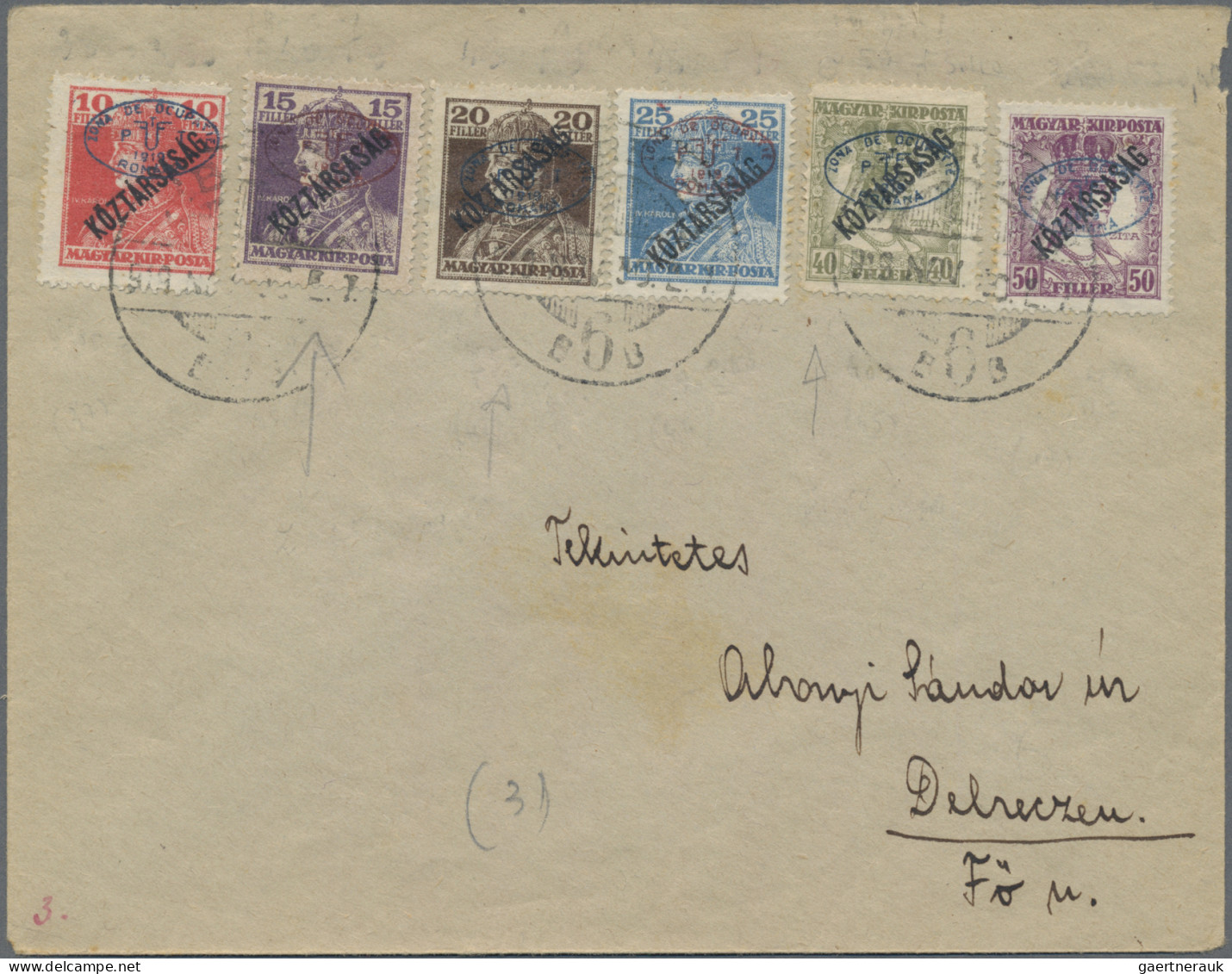 Hungary: 1919, set of six envelopes, locally addressed, each with multiple stamp