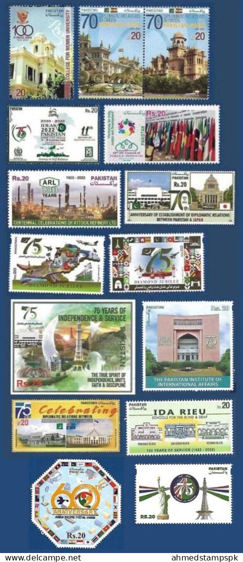 PAKISTAN 2022 MNH YEARPACK  JAPAN SPAIN OIC UNIVERSITY DEFENCE INDEPENDENCE DAY MS IDEAS AMERICA APPU - Pakistán
