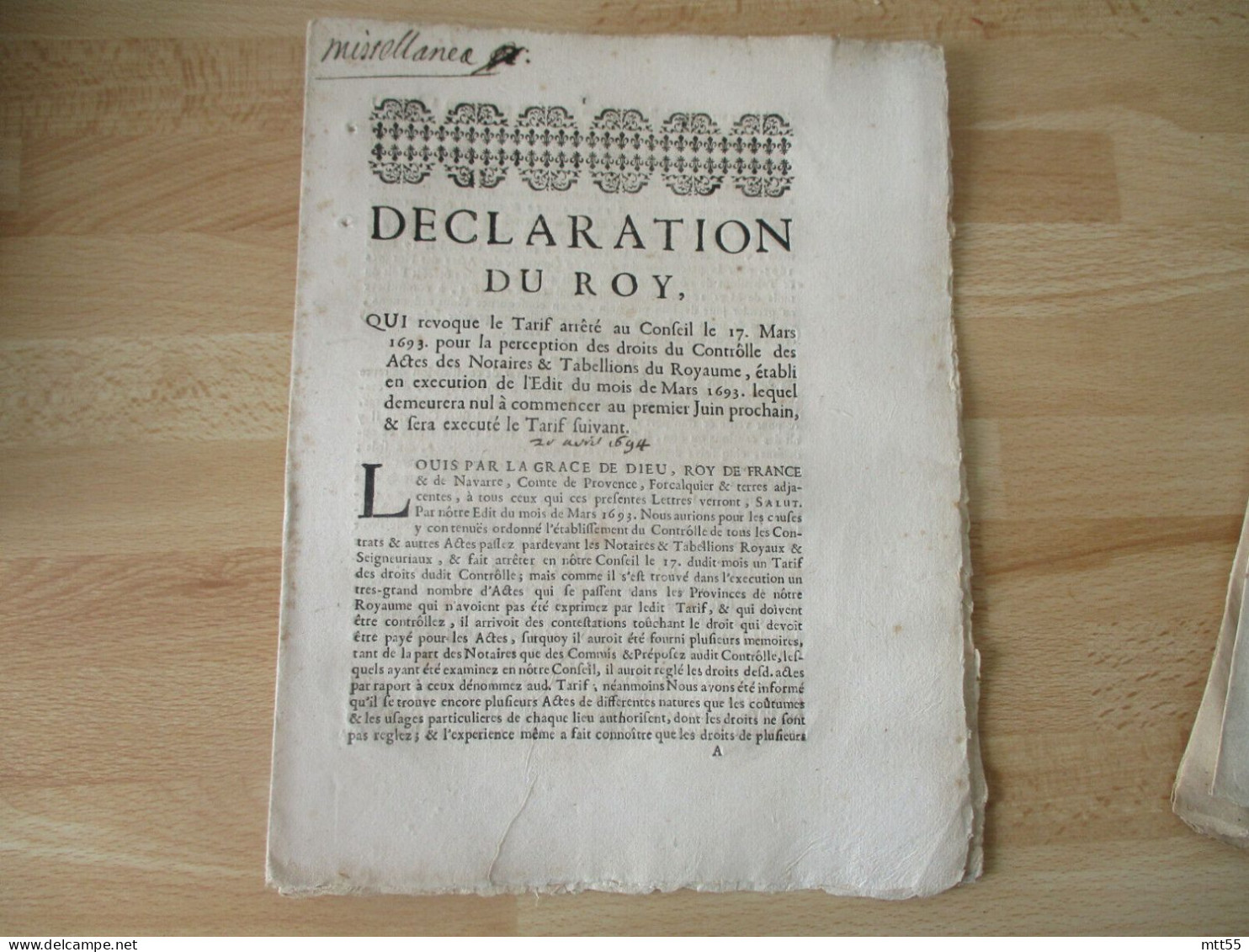 1694 DECLARATION DU ROY TARIF PERCEPTION DROIT ACTE NOTAIRE TABELLIONS AIX EN PROVENCE - Historische Dokumente