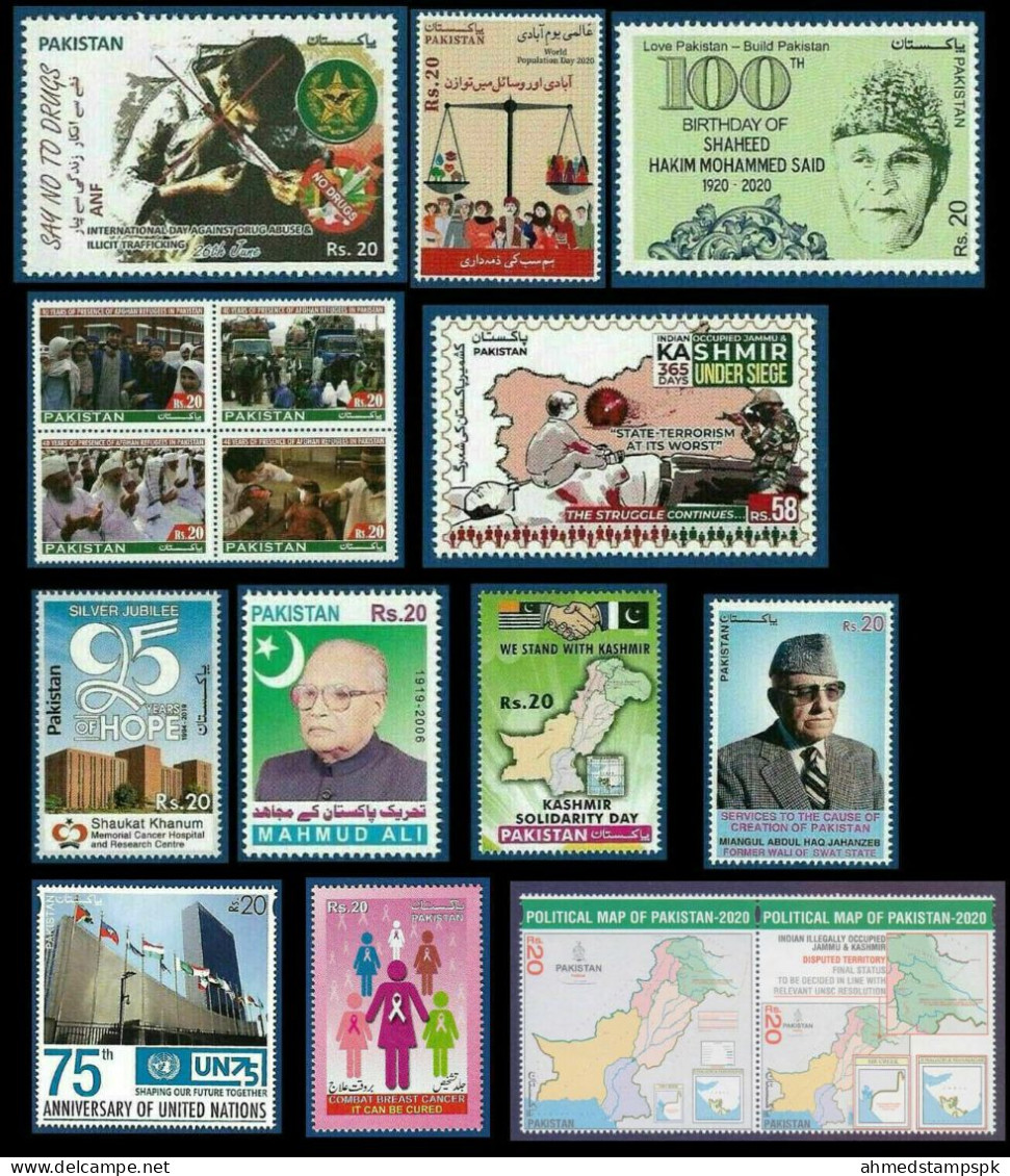 PAKISTAN YEAR PACK STAMPS MNH 2020 HAKIM REFUGEE KASHMIR CANCER HOSPITAL SOLIDARITY UN BREAST POLITICAL MAP - Pakistan