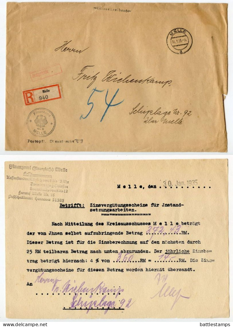 Germany 1935 Registered Cover & Document; Melle - Finanzamt (Tax Office) To Schiplage - Briefe U. Dokumente