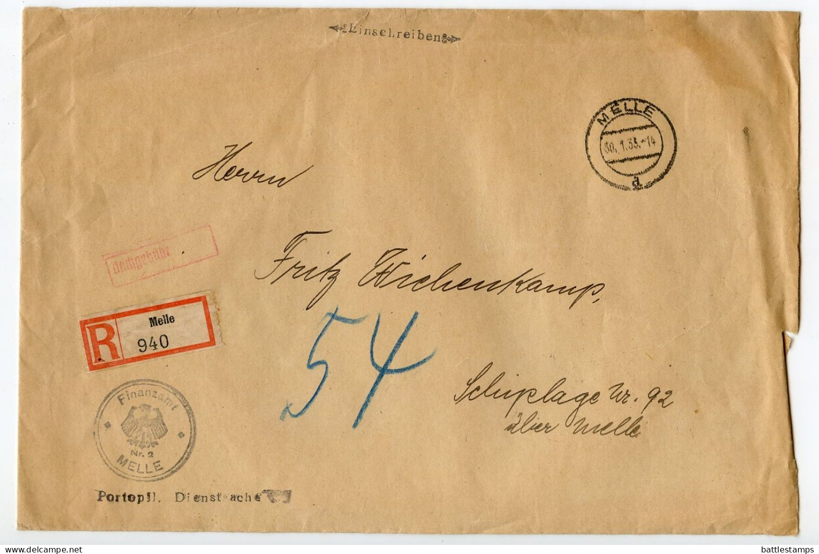 Germany 1935 Registered Cover & Document; Melle - Finanzamt (Tax Office) To Schiplage - Cartas & Documentos