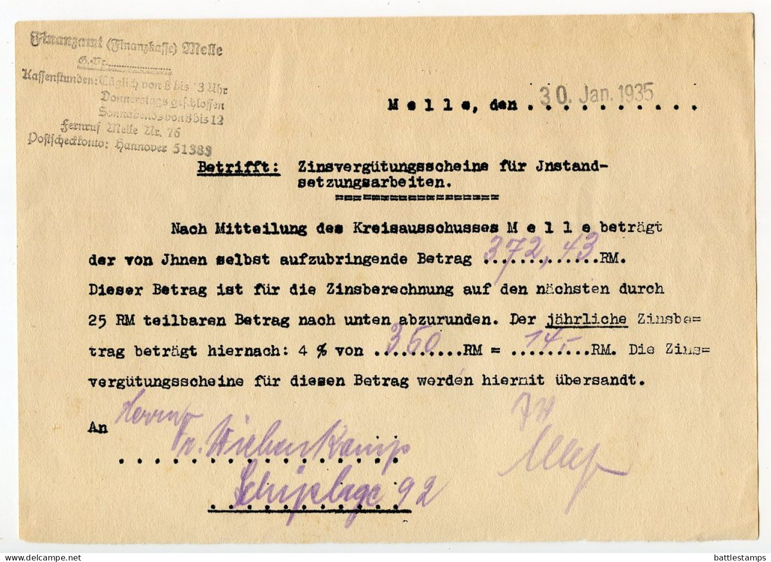 Germany 1935 Registered Cover & Document; Melle - Finanzamt (Tax Office) To Schiplage - Cartas & Documentos