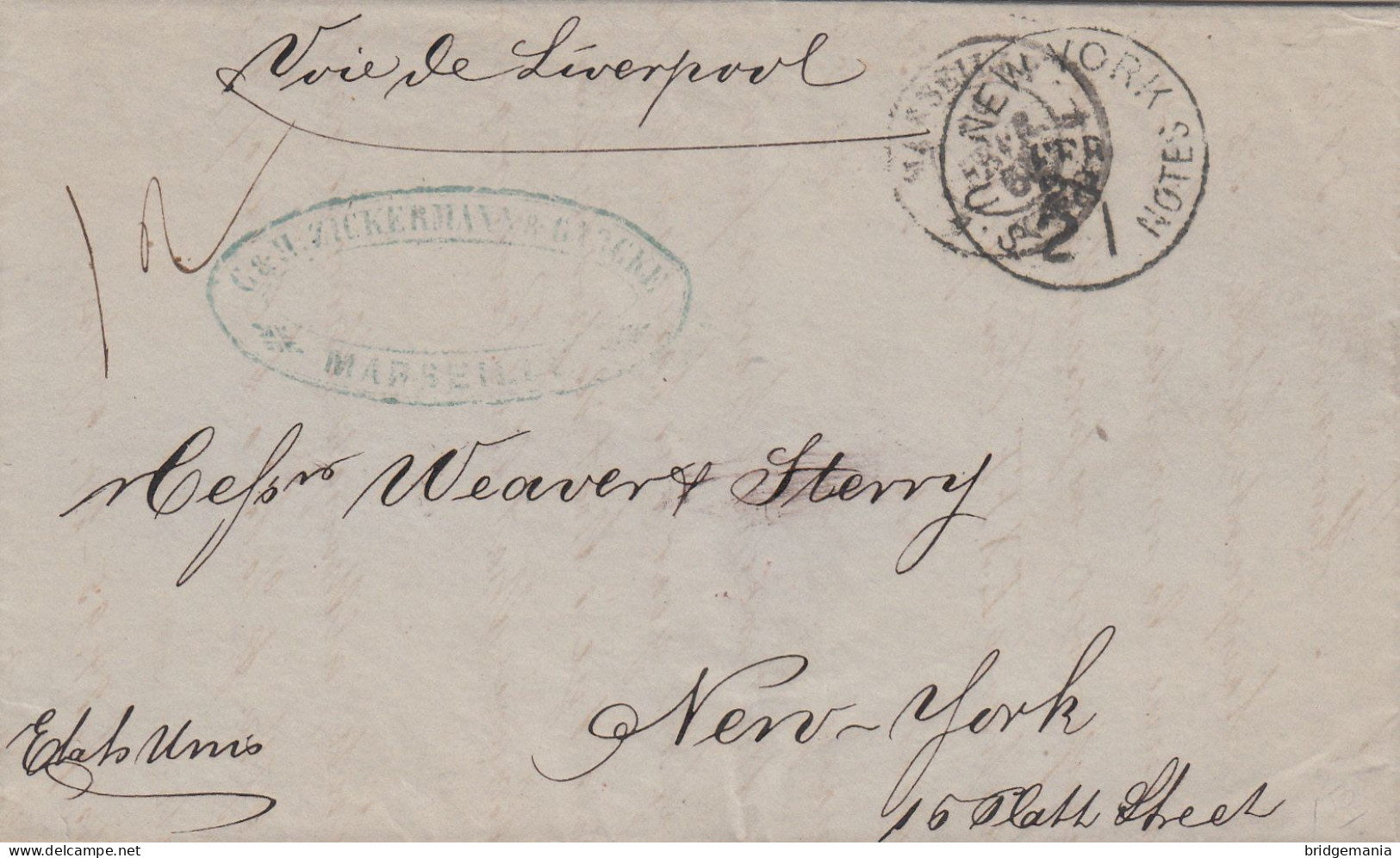 MTM148 - 1868 TRANSATLANTIC LETTER FRANCE TO USA Steamer AUSTRALASIAN CUNARD - UNPAID - DEPRECIATED CURRENCY - Storia Postale