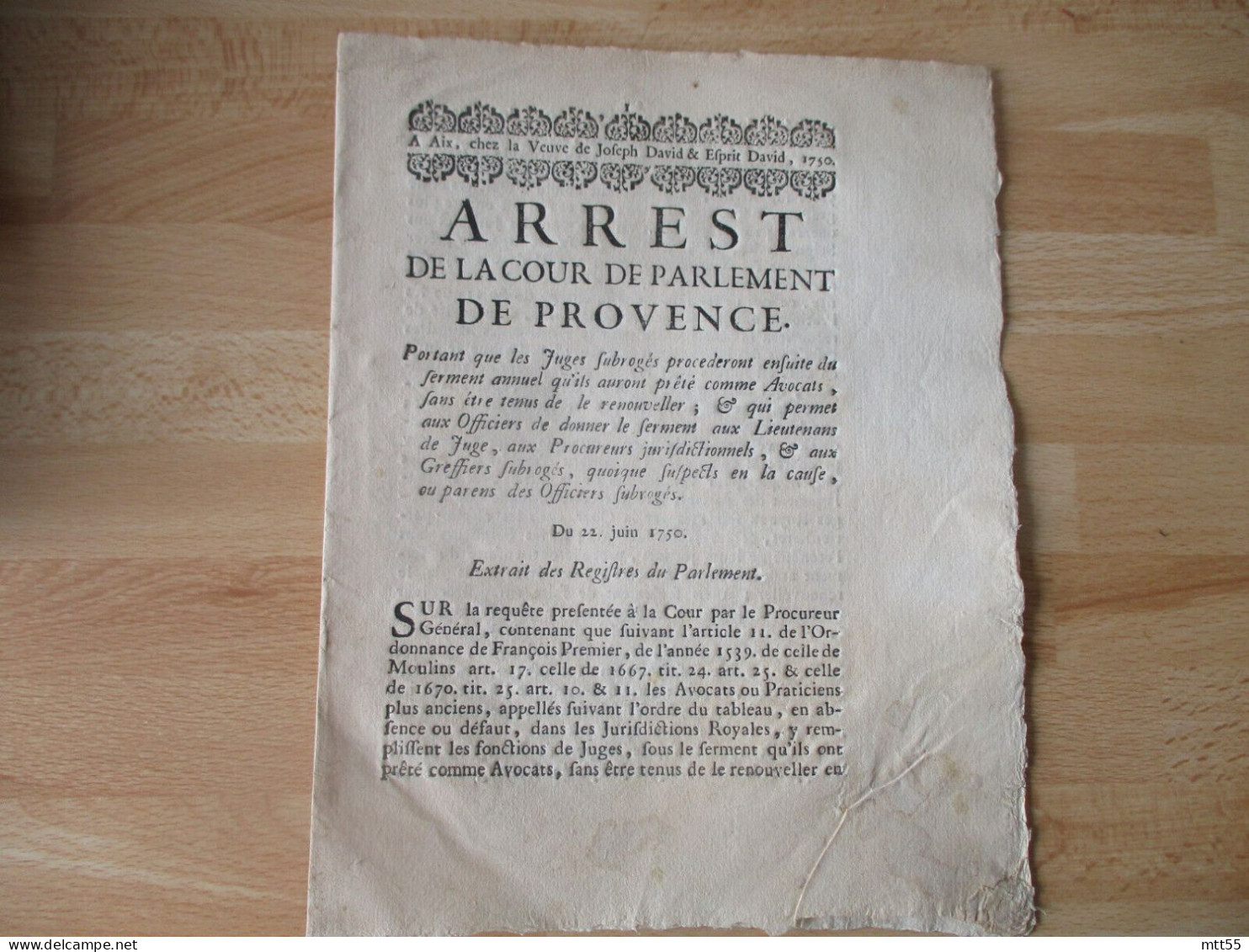 1750 ARREST COUR PARLEMENT PROVENCE AVOCATS JUGES SERMENT - Historische Dokumente