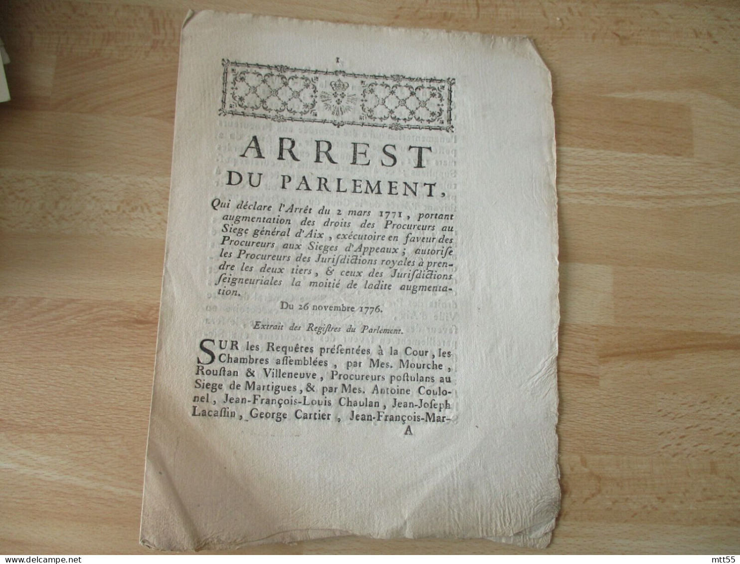 1771 ARREST DU PARLEMENT AUGMENTATION DROITS PROCUREURS AIX EN PROVENCE - Historische Dokumente