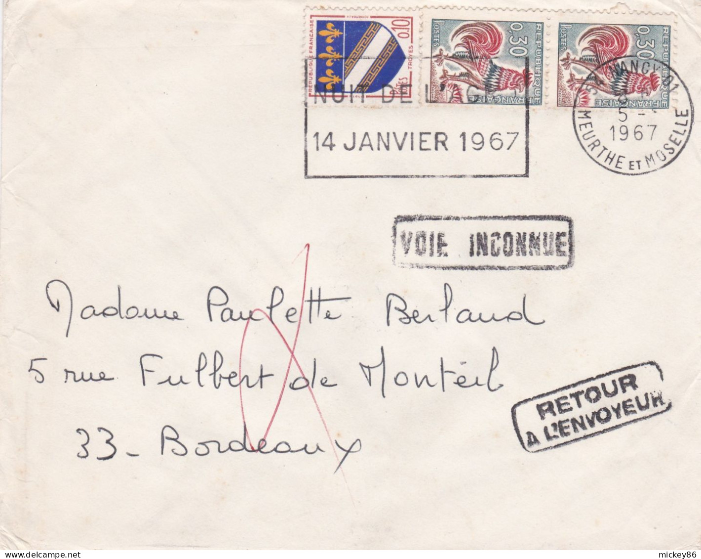 1967--lettre De NANCY 01-54 Pour BORDEAUX-33,tp Coq+blason,cachet Temporaire"NUIT DE L'AGR"..griffes Et Pub Au Verso - Brieven En Documenten