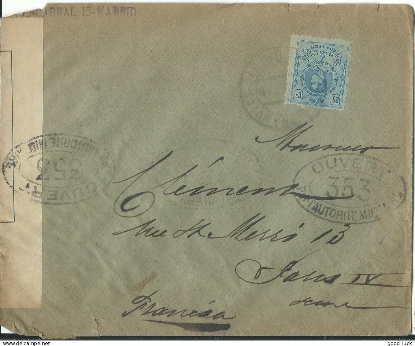 ESPAGNE LETTRE CENSURE 25c POUR PARIS ( FRANCE ) DE 1917 AVEC NOM DU CENSEUR LETTRE COVER - Covers & Documents