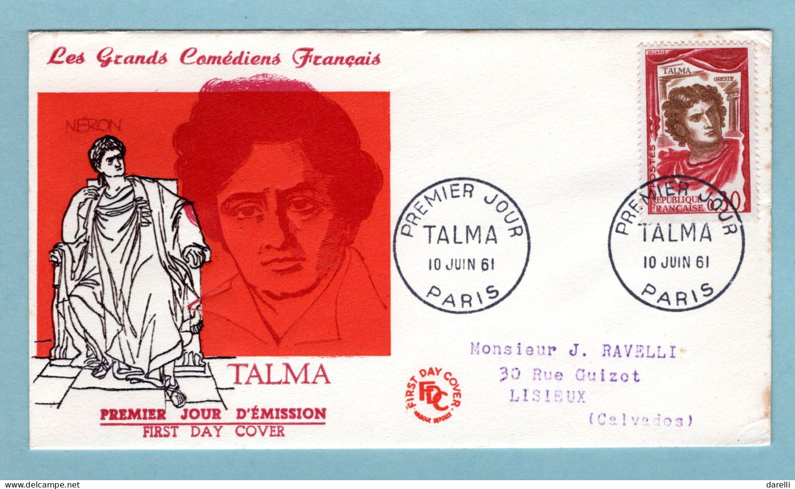 FDC France 1961 - Comédiens Français - Talma Dans Le Role D'Oreste - YT 1302 - Paris - 1960-1969