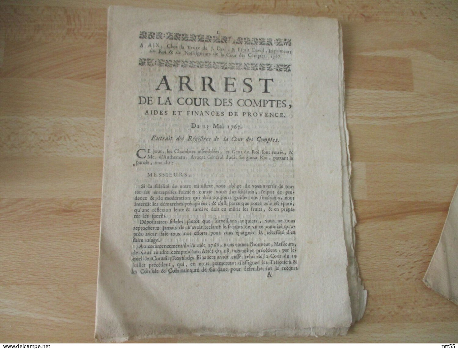 1767 ARREST COUR DES COMPTES PROVENCE EXTRAIT DU REGISTRE - Historische Dokumente