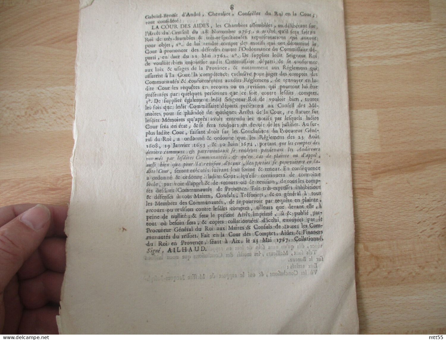 1767 ARREST COUR DES COMPTES PROVENCE EXTRAIT DU REGISTRE - Historische Dokumente