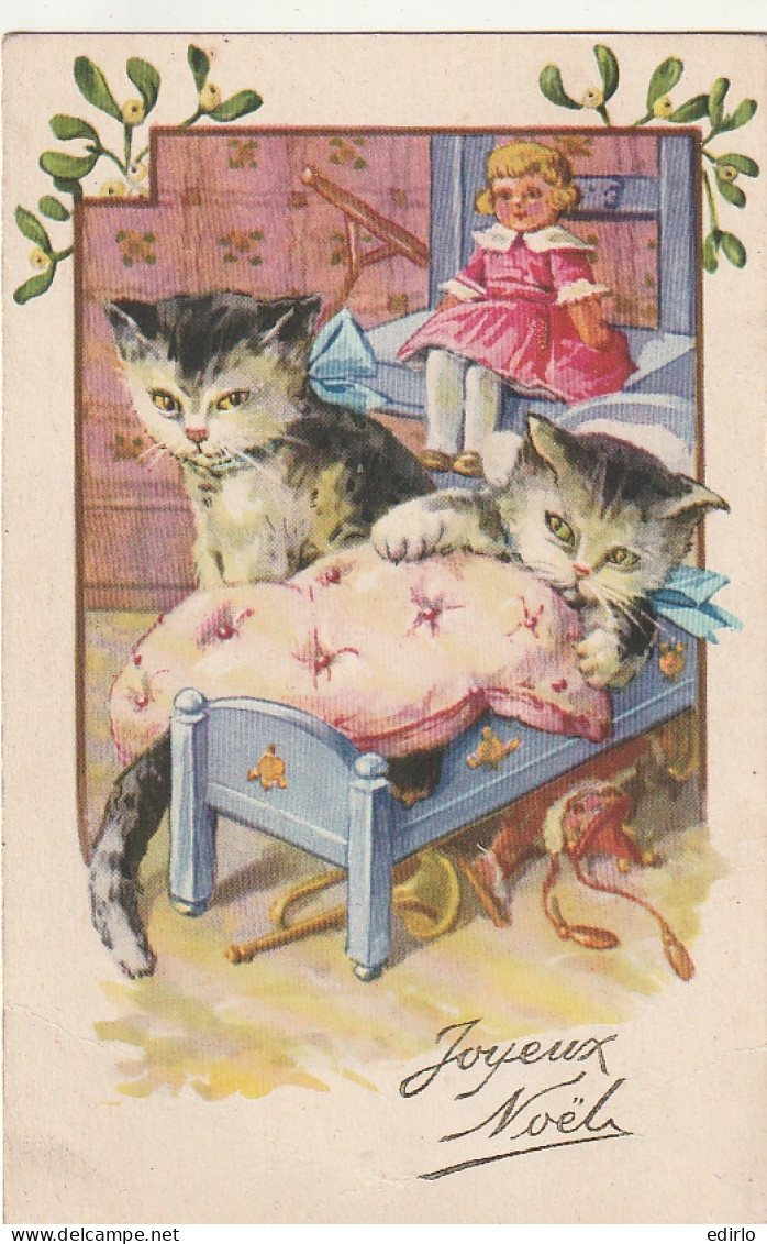 *** CHAT  *** CHATS CHATONS  --   Illustrateur Chats Et Poupée Joyeux Noel Neuve TTB  - Cats