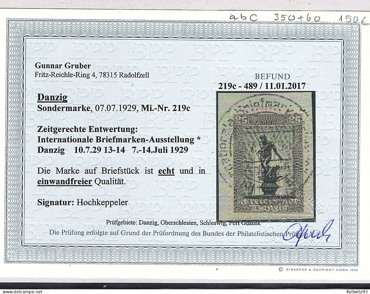 Danzig, Mi.-Nr. 217-219 A, B, C, Gestempelt, 219 C Mit  Befund GruberBPP. - Sonstige & Ohne Zuordnung