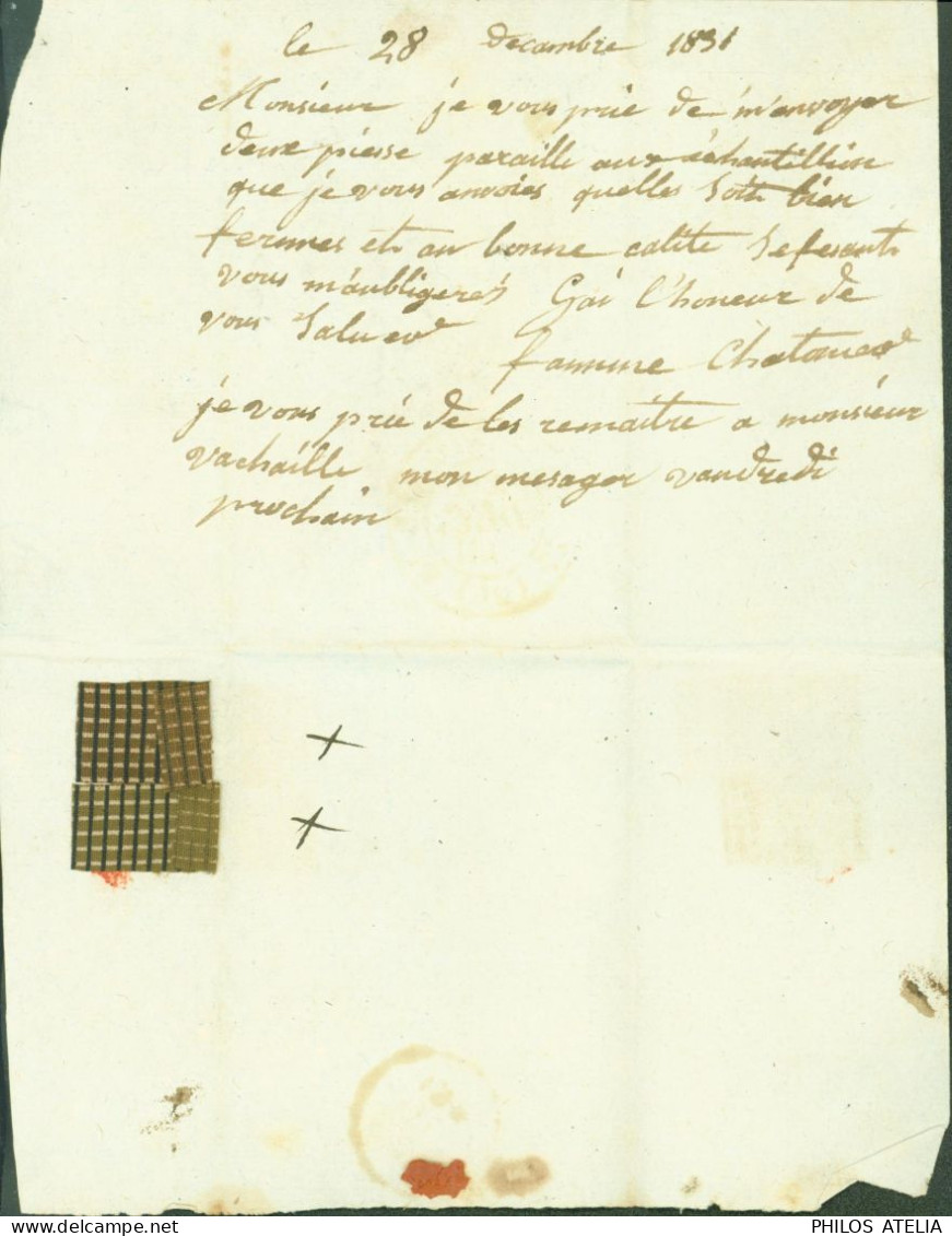 Lettre Avec échantillon De Tissus CAD T12 Pont Audemer 25 DEC 1831 Taxe Manuscrite 3 Pour Rouen - 1801-1848: Précurseurs XIX