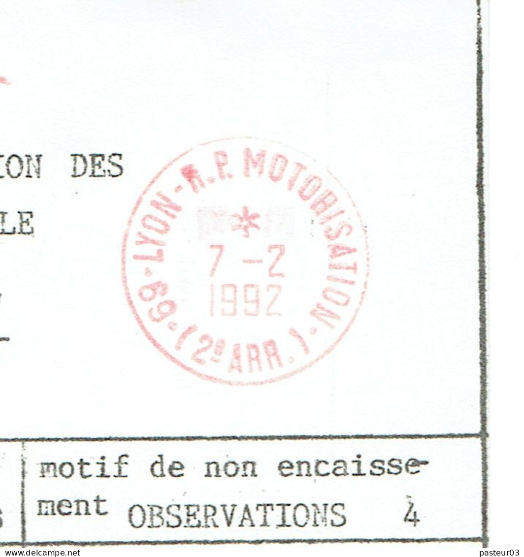 Colis Postal Par Avion Avec Cachet Rond En Rouge Lyon R.P. Motorisation 69 2e ARR Pas Courant 7-2-1992 - 1961-....