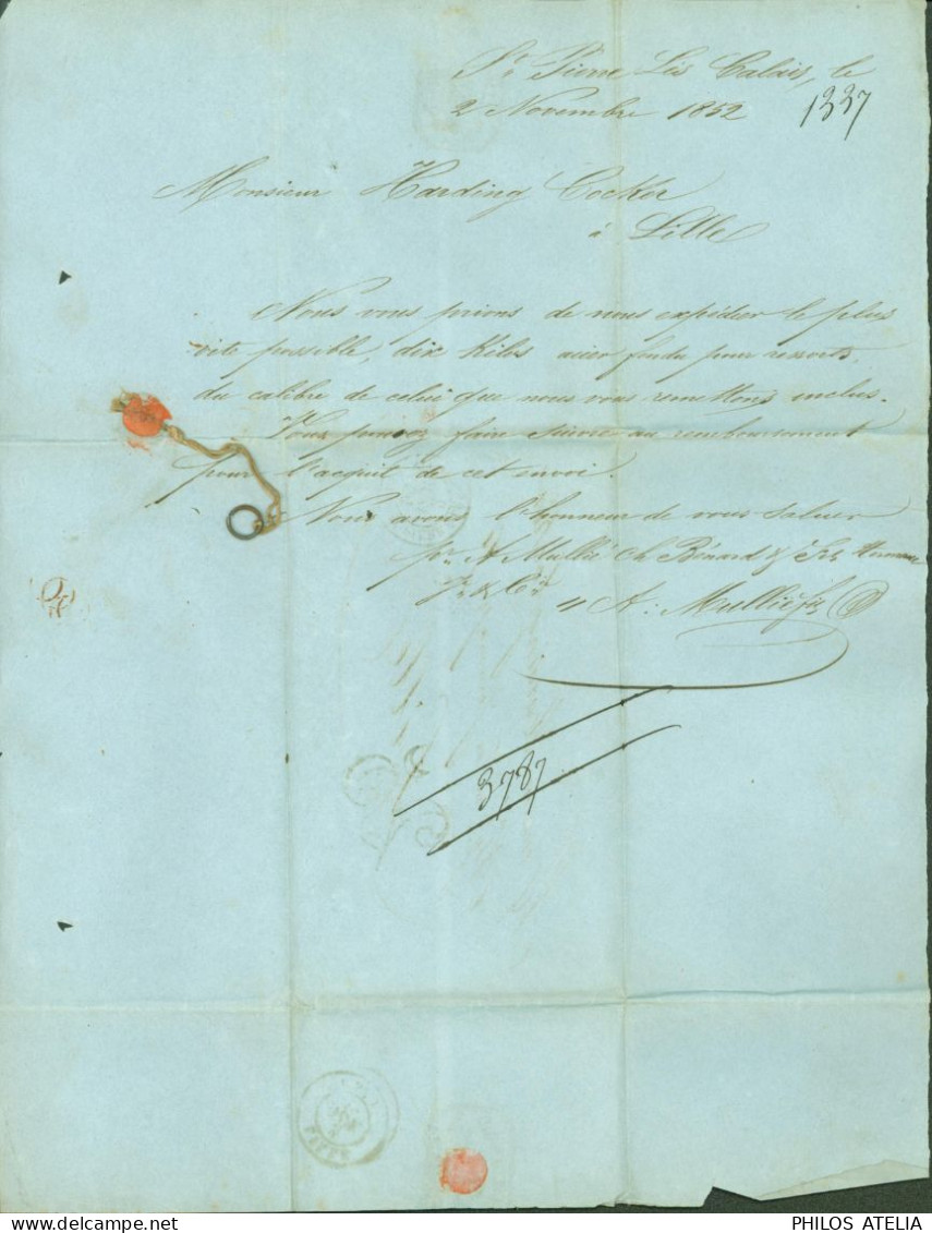 Lettre Avec échantillon De Fil Cordelette CAD T15 St Pierre Les Calais 2 NOV 52 Taxe Tampon 25 Pour Lille - 1801-1848: Précurseurs XIX