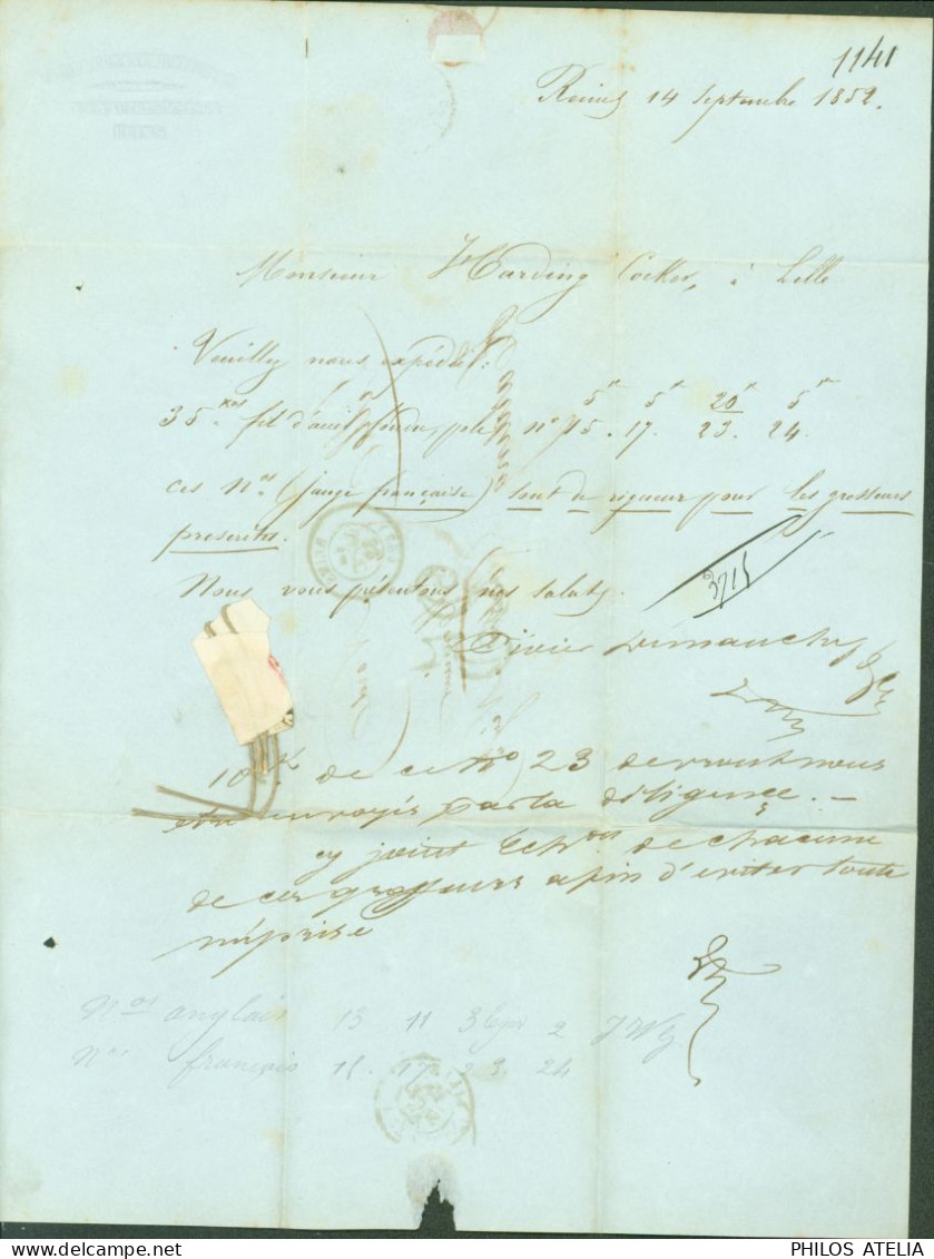 Lettre Avec échantillon De Fils Cordelettes CAD T15 Reims 14 SEPT 1852 Taxe Tampon 25 Pour Lille - 1801-1848: Précurseurs XIX