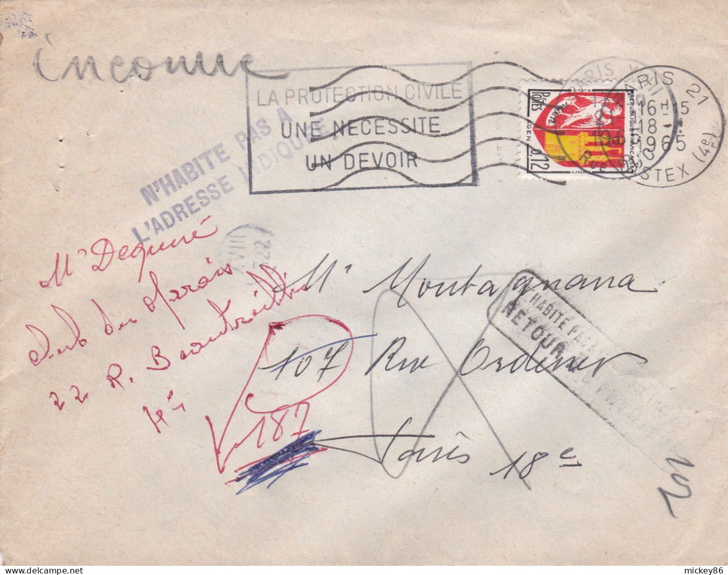 1965--lettre De PARIS 21 -75 Pour PARIS 18°,tp Blason ,cachet, Griffes "N'HPAI + Retour Envoyeur" - Covers & Documents