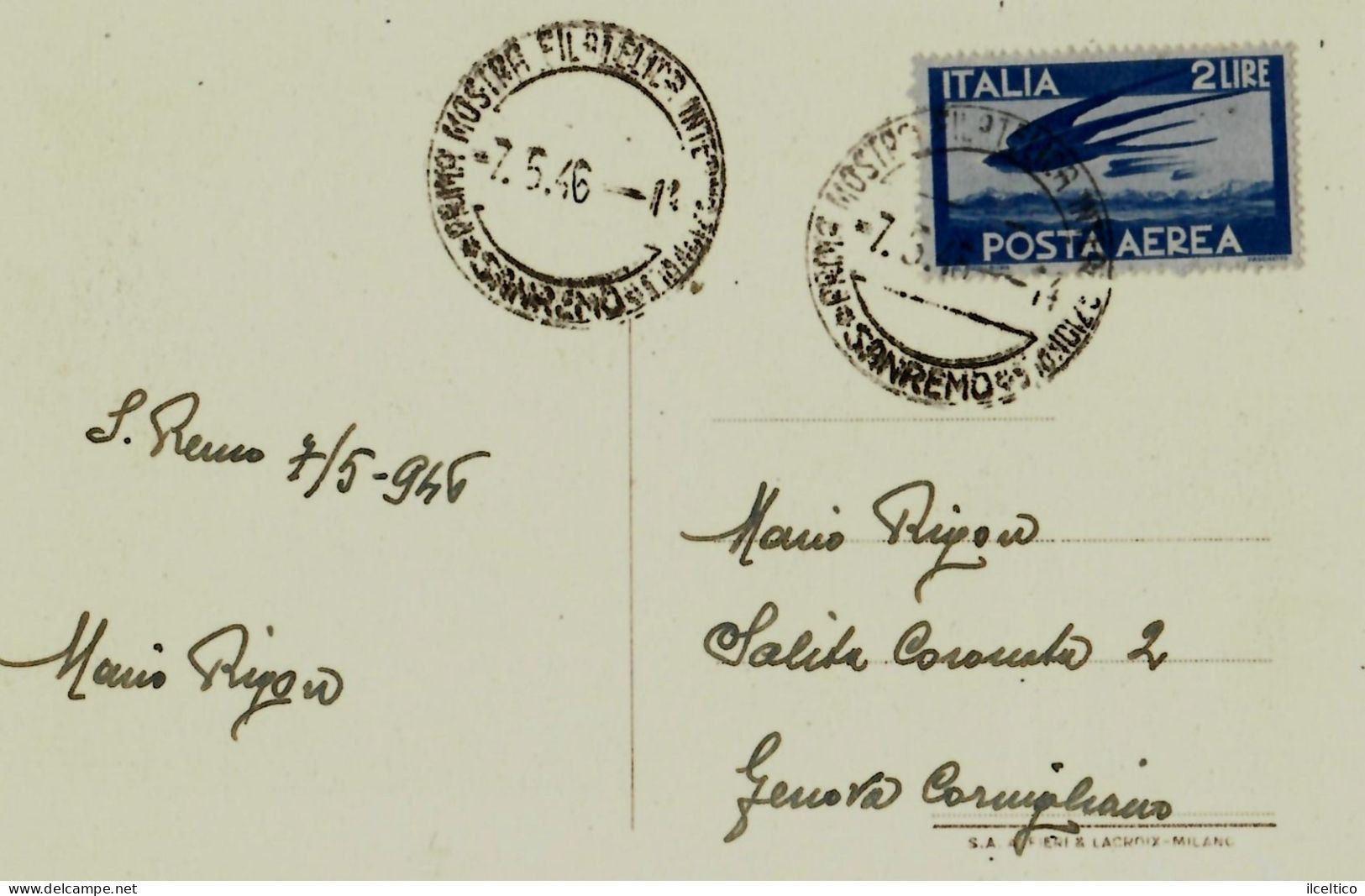 SANREMO - 1 MOSTRA E RADUNO FILATELICO INT. 4/9 MAGGIO 1946 - - San Remo