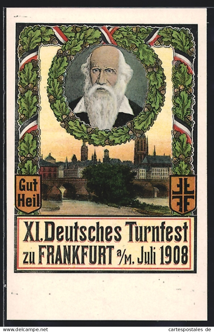 Künstler-AK Frankfurt / Main, XI. Deutsches Turnfest 1908, Stadtansicht, Portrait Turnvater Jahn  - Sonstige & Ohne Zuordnung