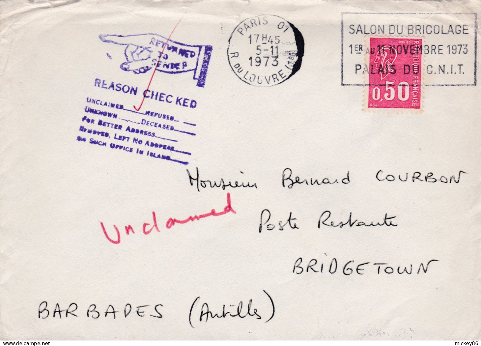 1973-lettre De PARIS 01-75 Pour BRIDGETOWN (Barbades),tp Marianne,cachet Temporaire +cachet,Belle Griffe Retour Envoyeur - Brieven En Documenten