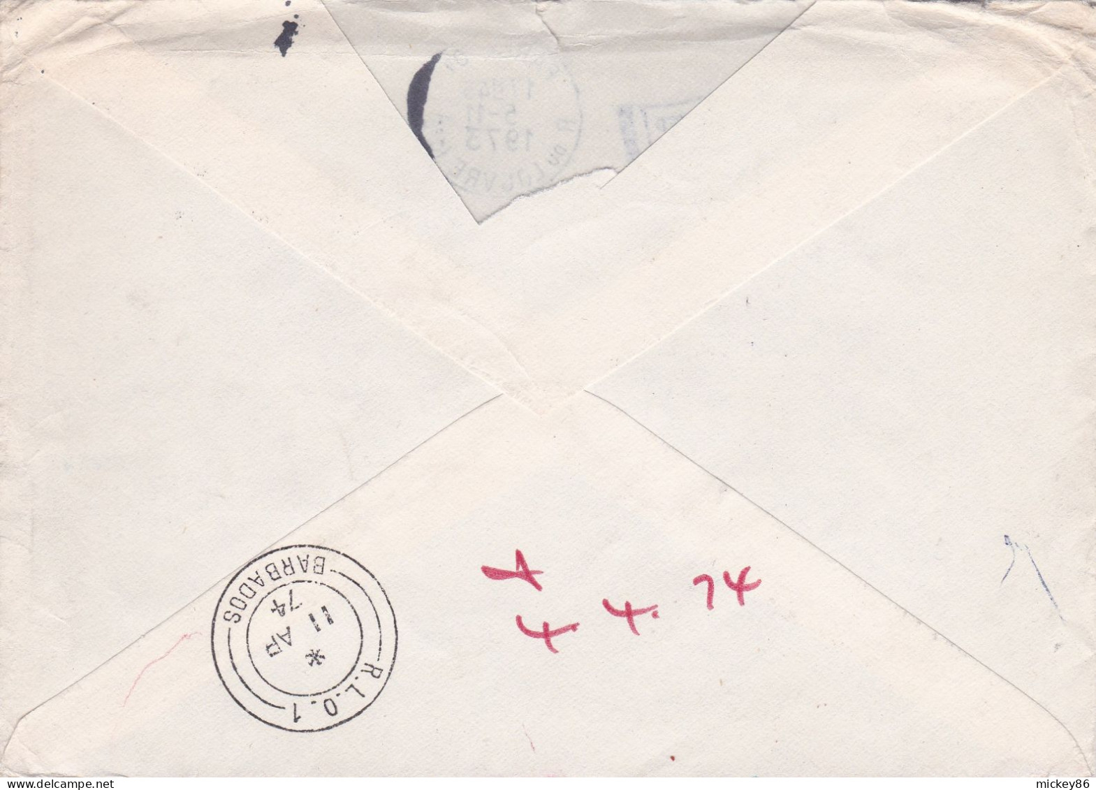 1973-lettre De PARIS 01-75 Pour BRIDGETOWN (Barbades),tp Marianne,cachet Temporaire +cachet,Belle Griffe Retour Envoyeur - Brieven En Documenten