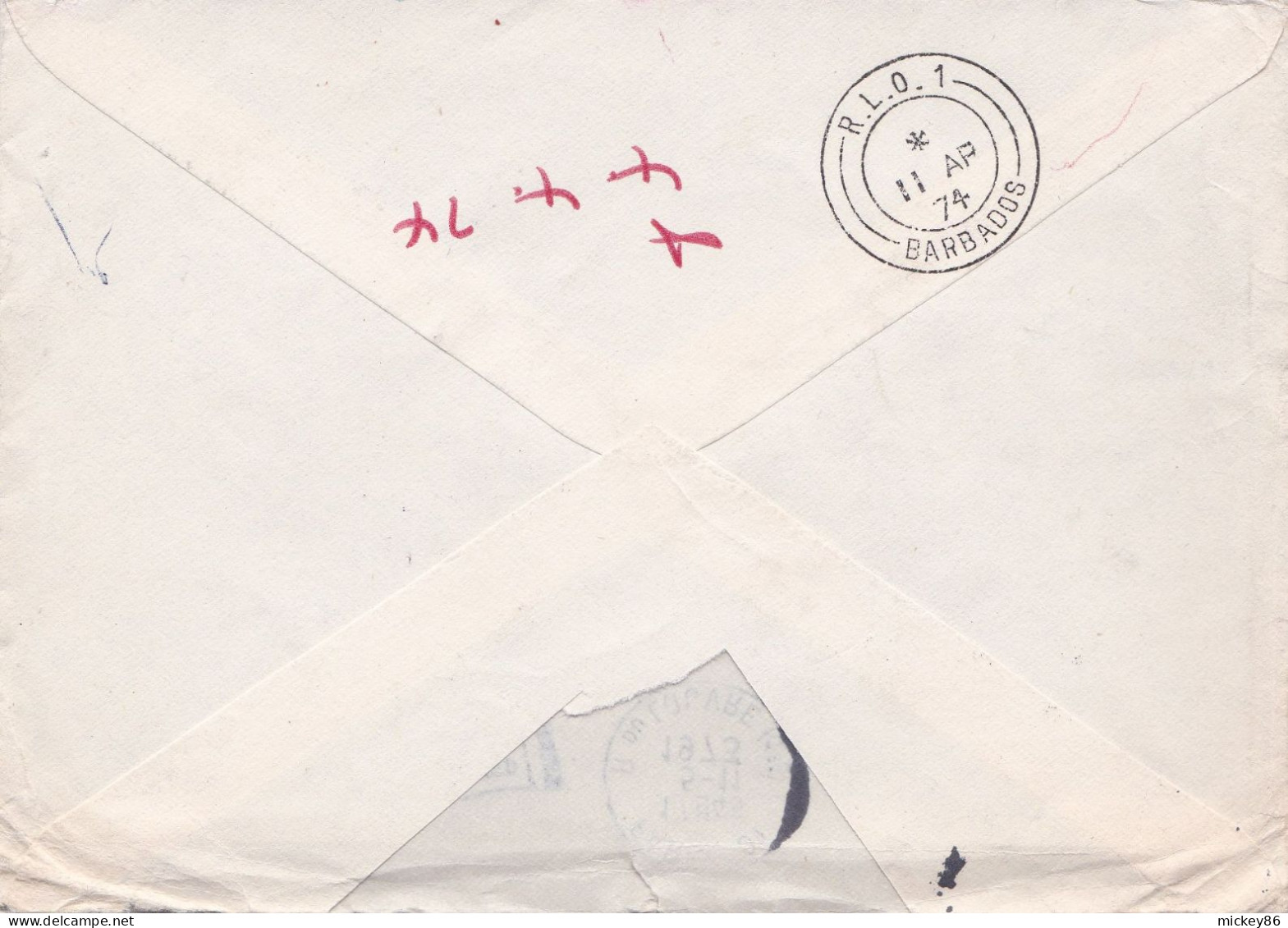 1973-lettre De PARIS 01-75 Pour BRIDGETOWN (Barbades),tp Marianne,cachet Temporaire +cachet,Belle Griffe Retour Envoyeur - Brieven En Documenten