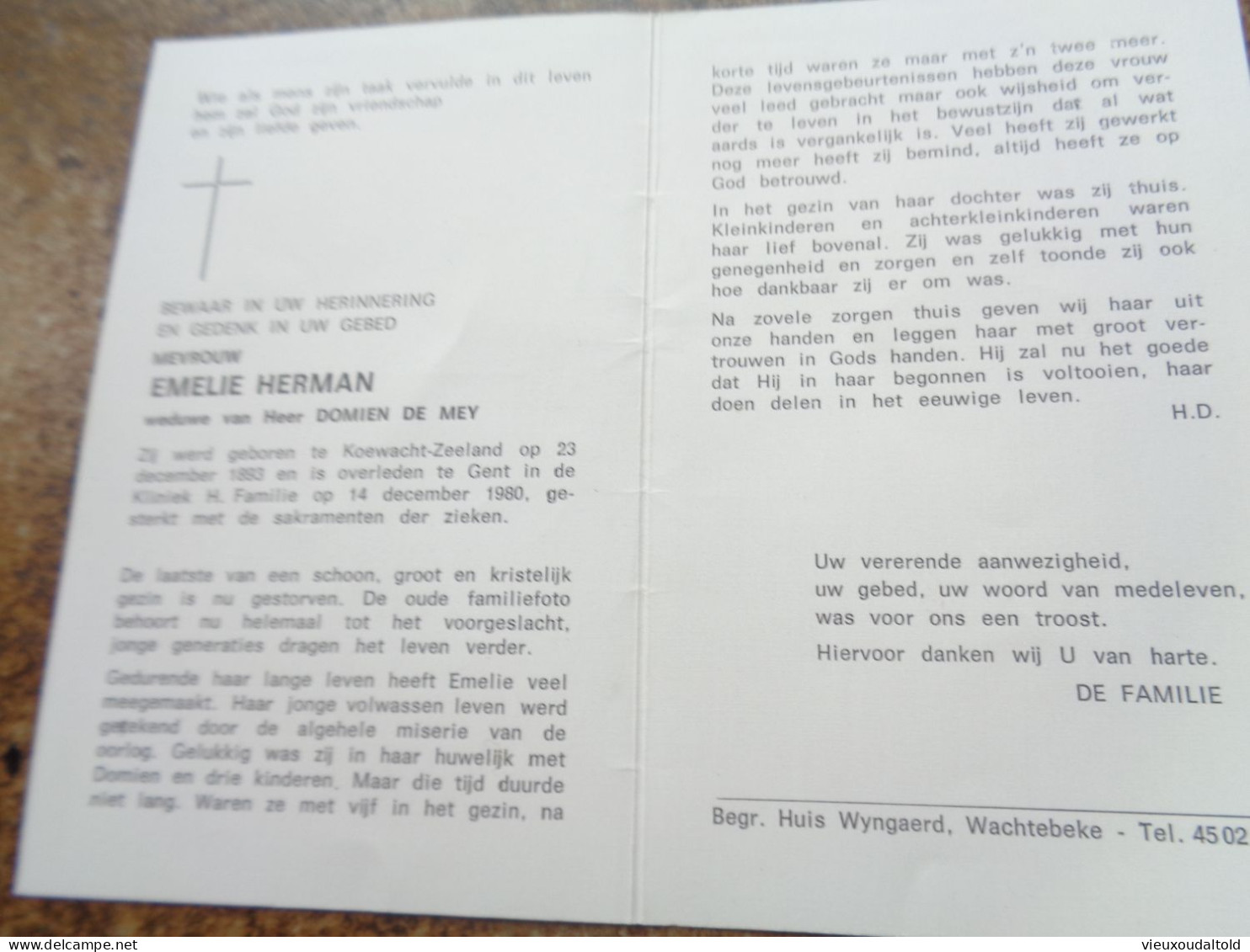 Doodsprentje/Bidprentje   EMELIE HERMAN   Koewacht-Zeeland 1893-1980 Gent  (Wwe Domien DE MEY) - Religione & Esoterismo
