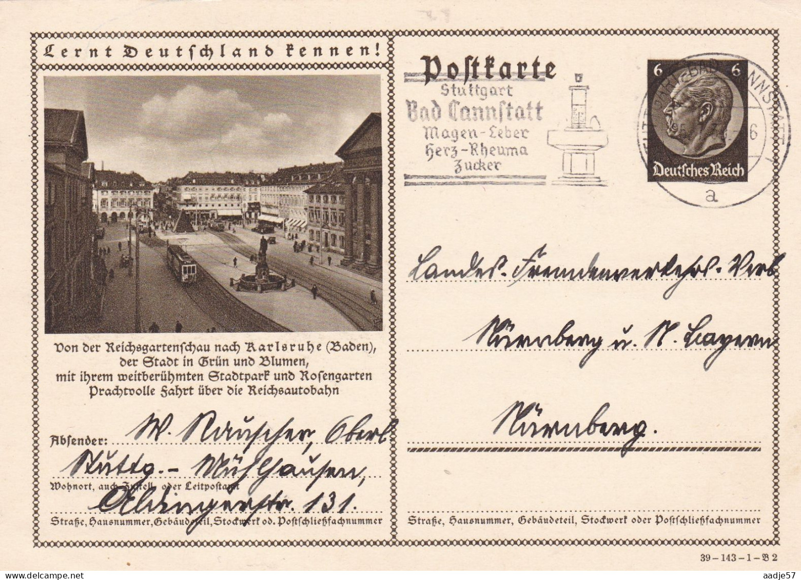 Karlsruhe /Baden, PLatz Im Zentrum Mit Strassenbahn 1939 - Tarjetas