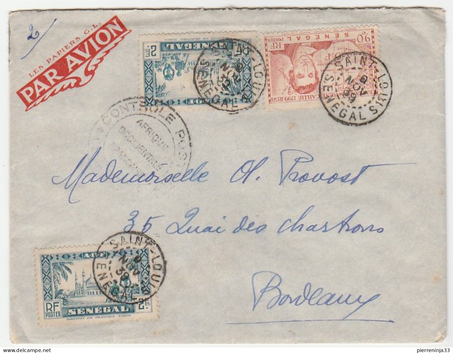 Lettre Saint Louis Du Sénégal Avec Contrôle Postal Pour Bordeaux, 1939 - Brieven En Documenten