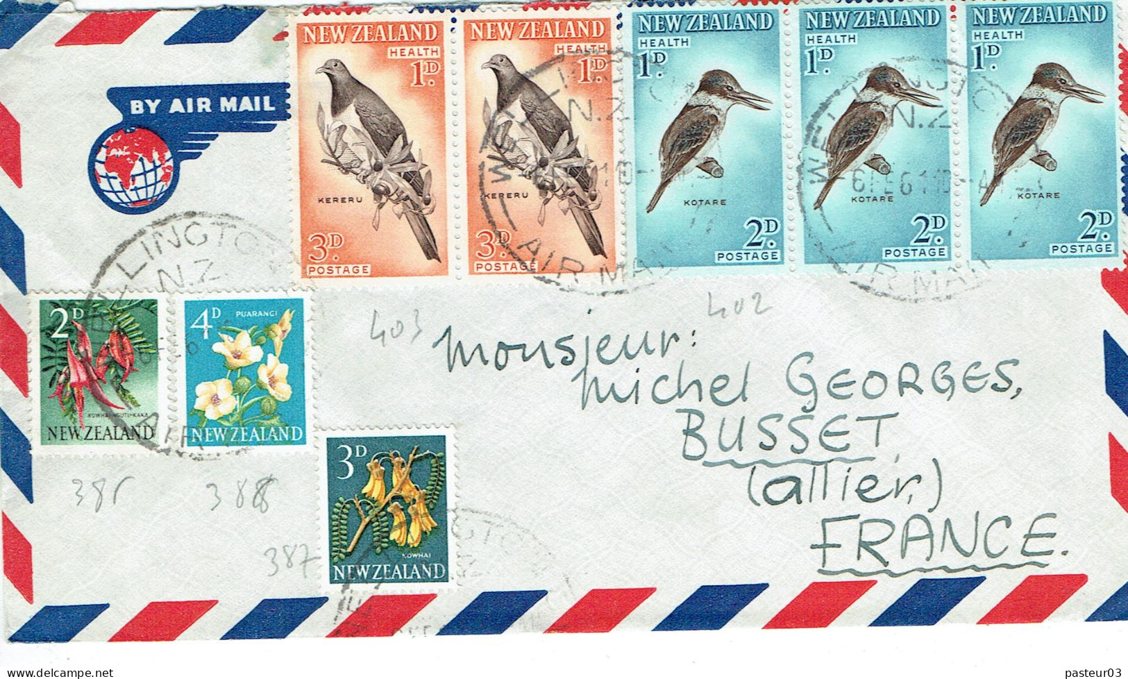 Nouvelle Zélande N° 386 + 387 + 388 + 402 X 3 + 403 X 2 Lettre Pour La France Thème Oiseaux Et Fleurs - Briefe U. Dokumente