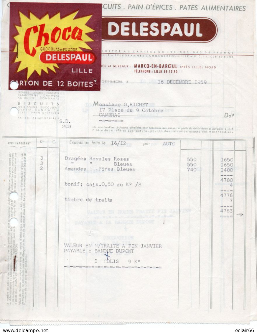 2 Factures Et Lettre De Change   DELESPAUL-HAVEZ - MARCQ-en-BAROEUL Du 16 Décembre 1959 - Alimentos