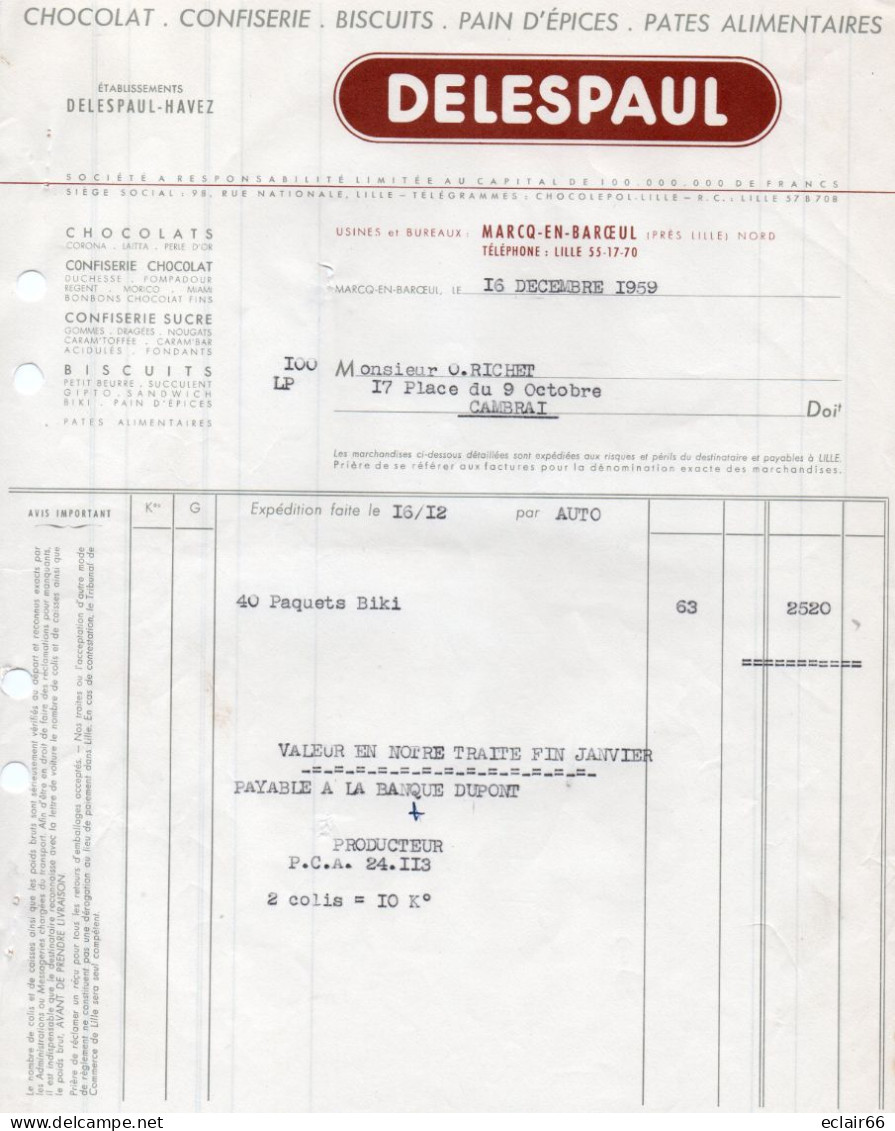 2 Factures Et Lettre De Change   DELESPAUL-HAVEZ - MARCQ-en-BAROEUL Du 16 Décembre 1959 - Lebensmittel
