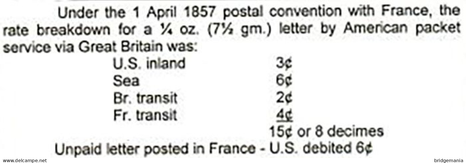 MTM149 - 1859 TRANSATLANTIC LETTER FRANCE TO USA Steamer VANDERBILT - UNPAID 3 RATE - Poststempel