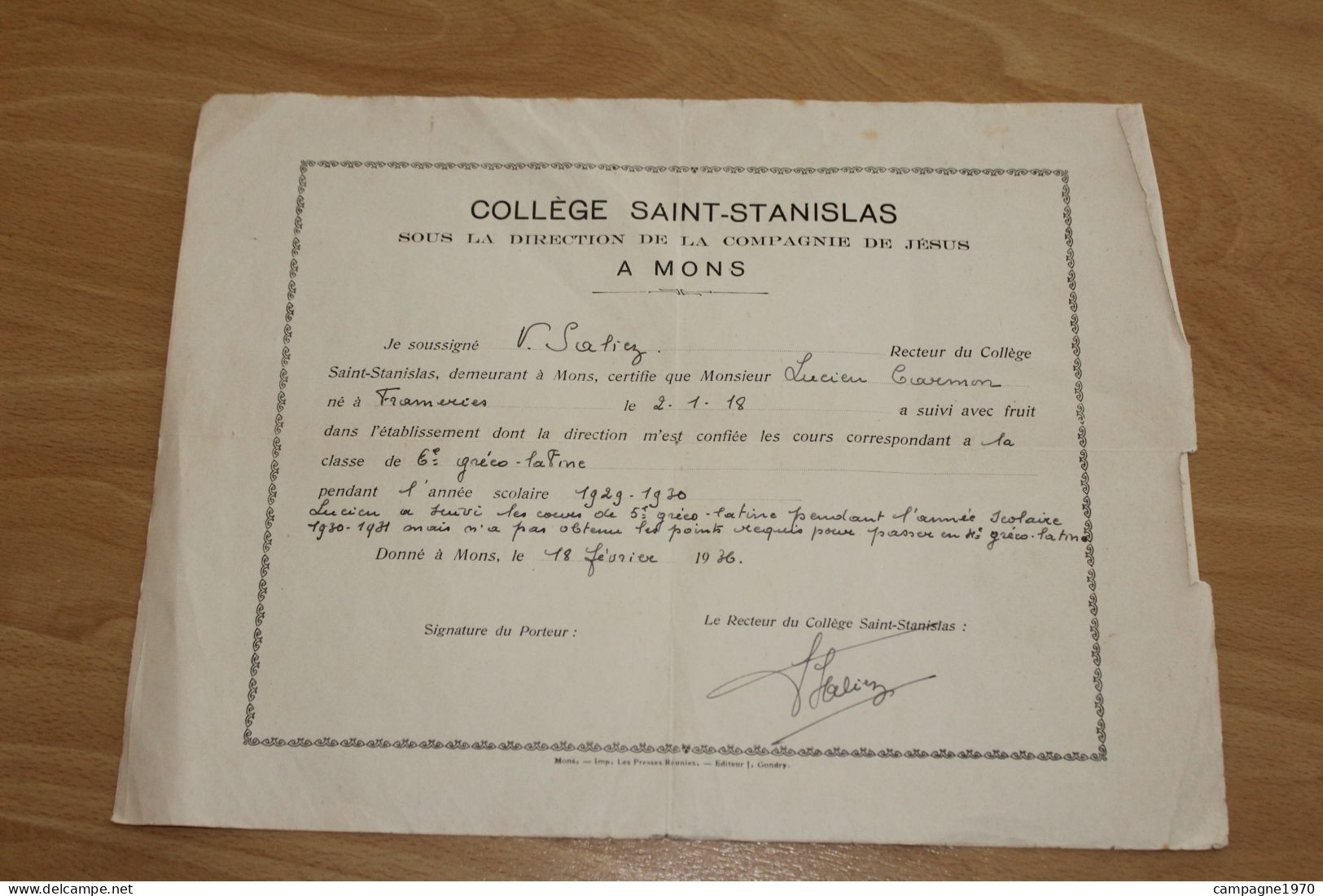 ANCIEN DIPLOME - MONS - COLLEGE SAINT STANISLAS - 1930 - Diplomas Y Calificaciones Escolares