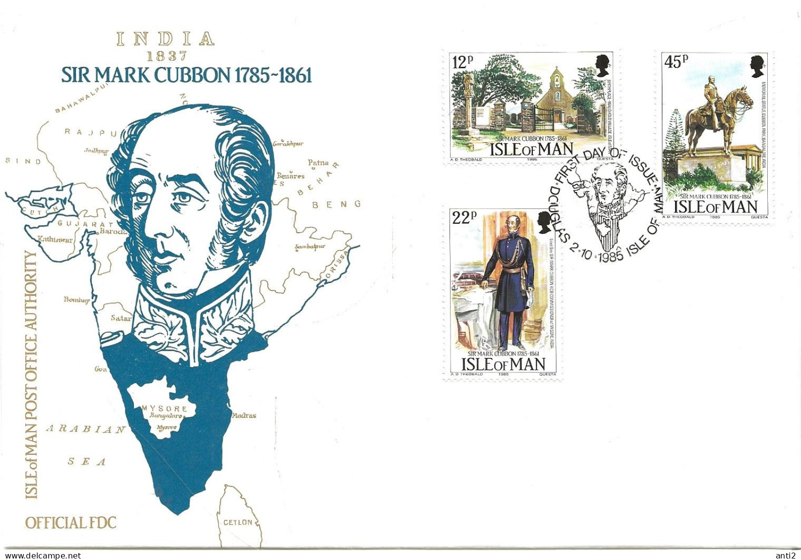 Isle Of Man 1985 200th Birthday Of General Mark Cubbon, Church, Horse Mi 292-294 FDC - Isle Of Man