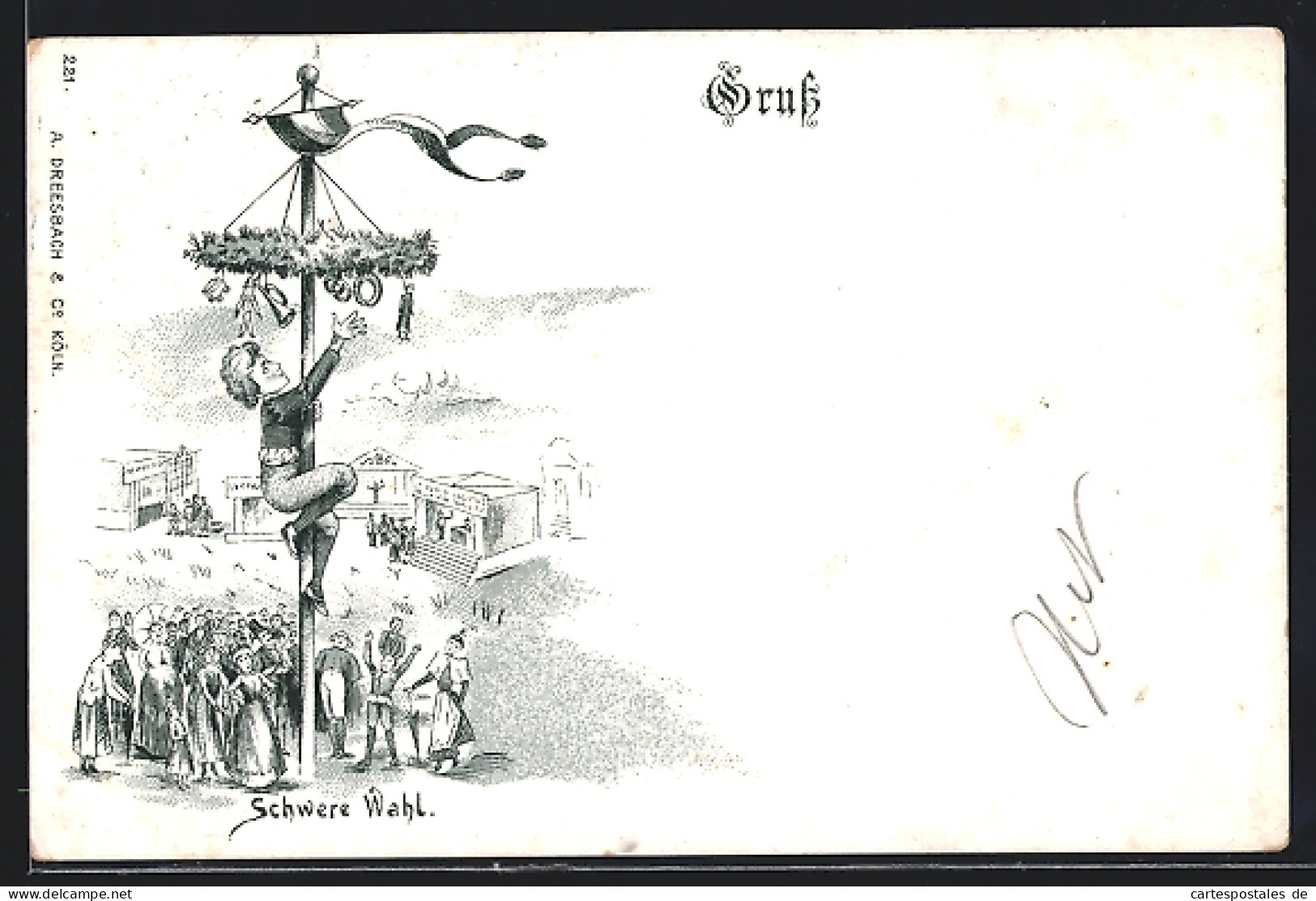 Lithographie Kletterer Auf Dem Maibaum Hat Eine Schwere Wahl, Private Stadtpost Courier  - Stamps (pictures)