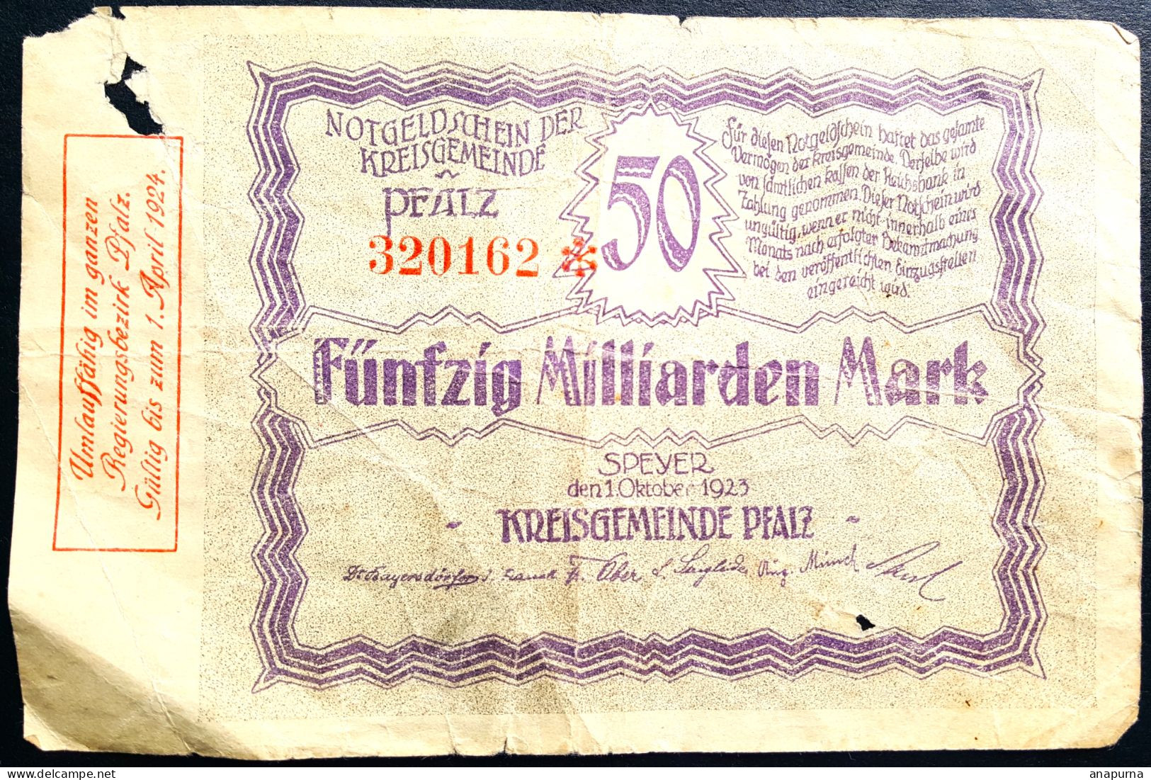 Billet 1923 Banknote Kreisgemeinde Speyer, Pfalz, 50 Milliarden Mark, 50 Milliards Mark, 4286.d, - Ohne Zuordnung