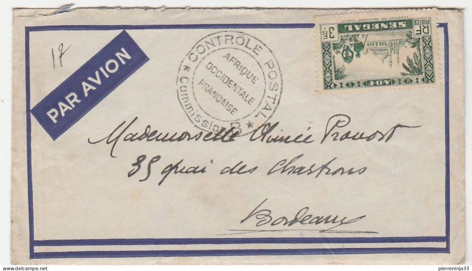 Lettre (Saint Louis Du Sénégal) Sans Oblitération Avec Contrôle Postal Pour Bordeaux, 1940 - Storia Postale