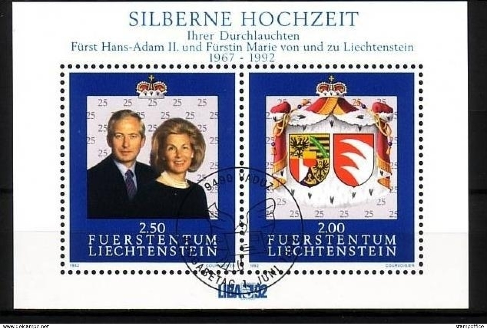 LIECHTENSTEIN BLOCK 14 GESTEMPELT(USED) SILBERNE HOCHZEIT 1992 - Blocs & Feuillets