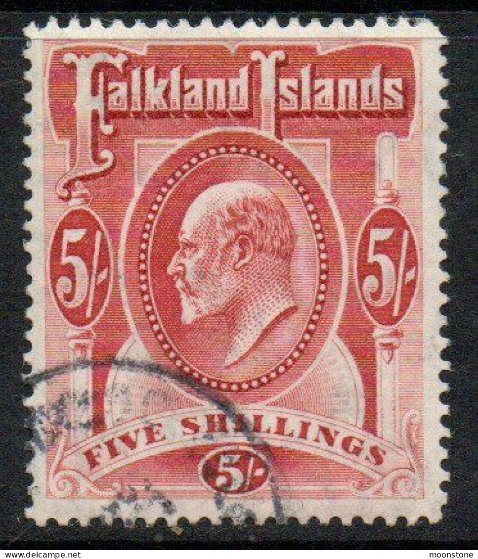 Falkland Islands EVII 1904-12 5/- Red Definitive, Used, SG 50 - Falklandeilanden