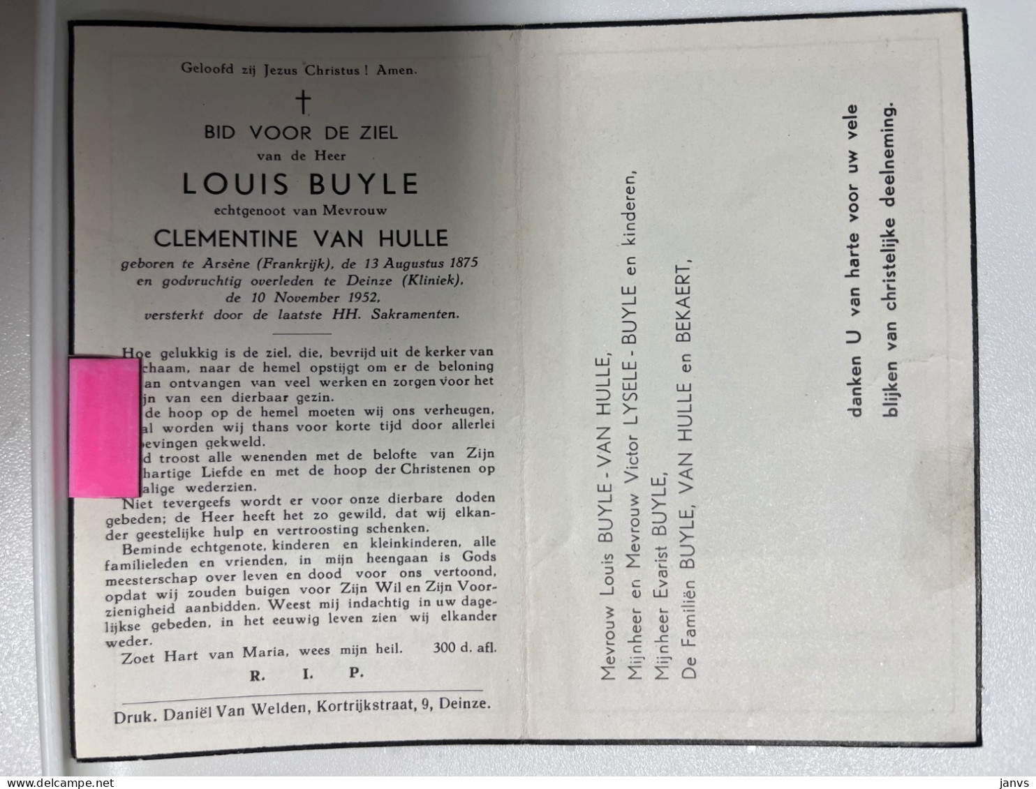 Devotie Devotion  DP - Overlijden Louis Buyle Echtg Van Hulle - Arsène (Fr) 1875 - Deinze 1952 - Todesanzeige