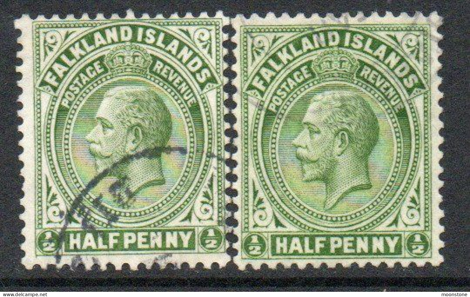 Falkland Islands GV 1912-20 ½d Yellow-green Definitive, Comb Perf, Wmk. Multiple Crown CA, 2x Shades, Used, SG 60 - Falkland Islands