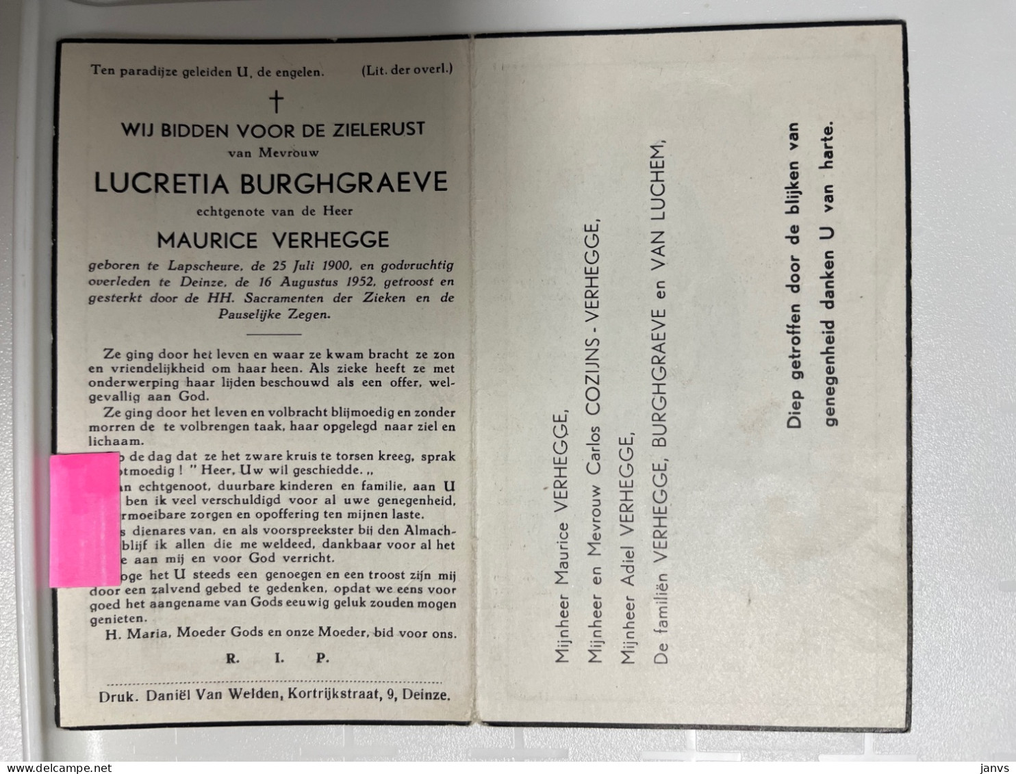 Devotie Devotion  DP - Overlijden Lucretia Burgraeve - Echtg Verhegge - Lapscheure 1900 - Deinze 1952 - Todesanzeige