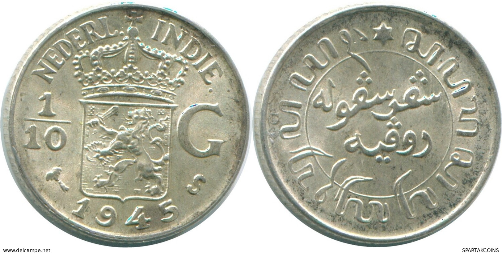 1/10 GULDEN 1945 S INDES ORIENTALES NÉERLANDAISES ARGENT Colonial Pièce #NL14068.3.F.A - Dutch East Indies