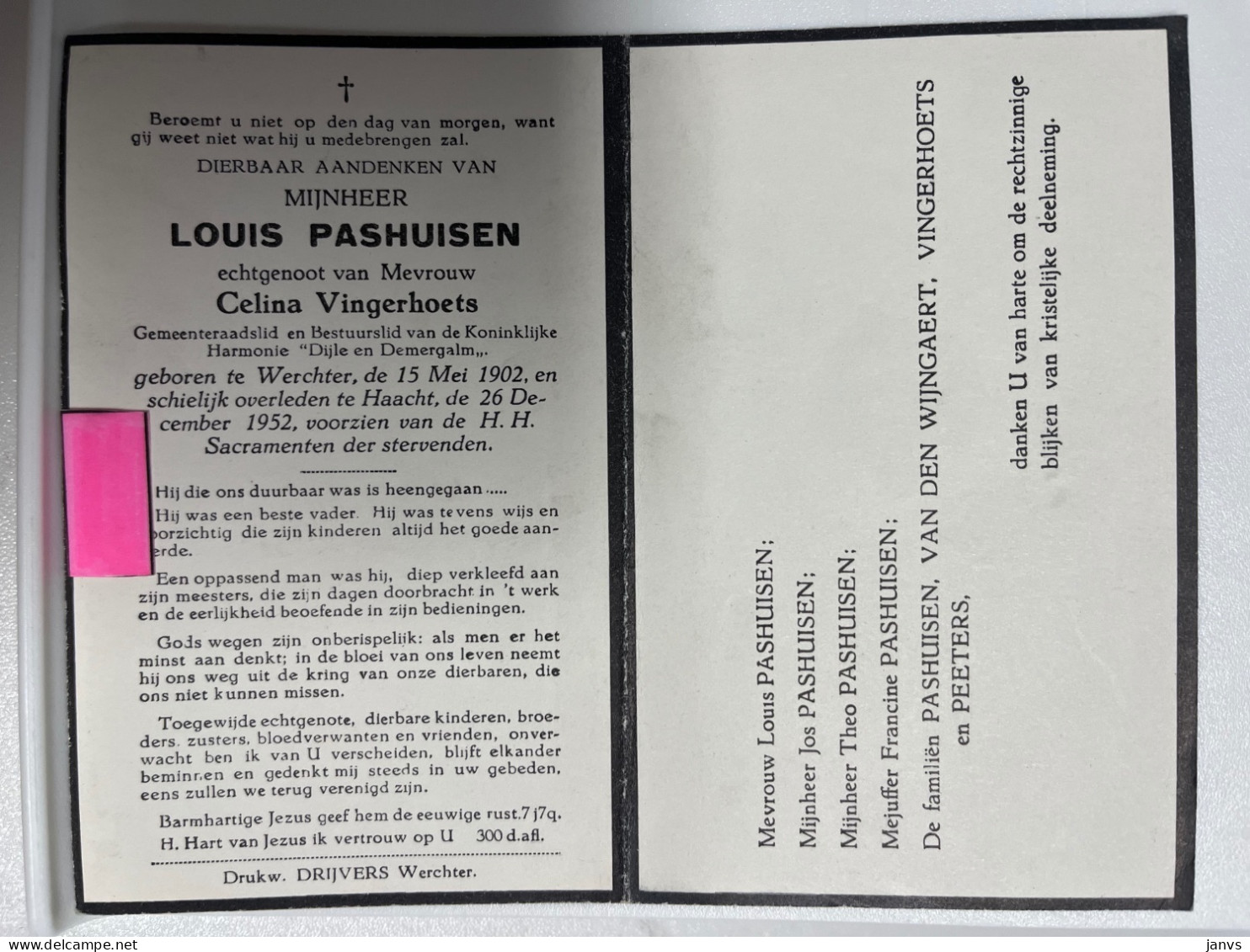 Devotie Devotion  DP - Overlijden Louis Pashuisen Echtg Vingerhoets - Werchter 1902 - Haacht 1952 - Todesanzeige