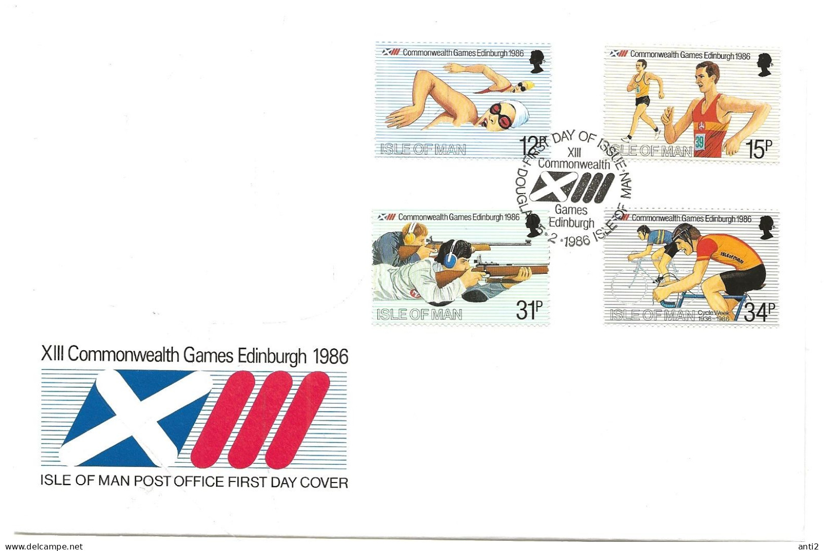 Isle Of Man  1986 Commonwealth Games, Edinburgh, Swimming, Walking, Shooting, Cycling   Mi 298-301, FDC - Man (Insel)