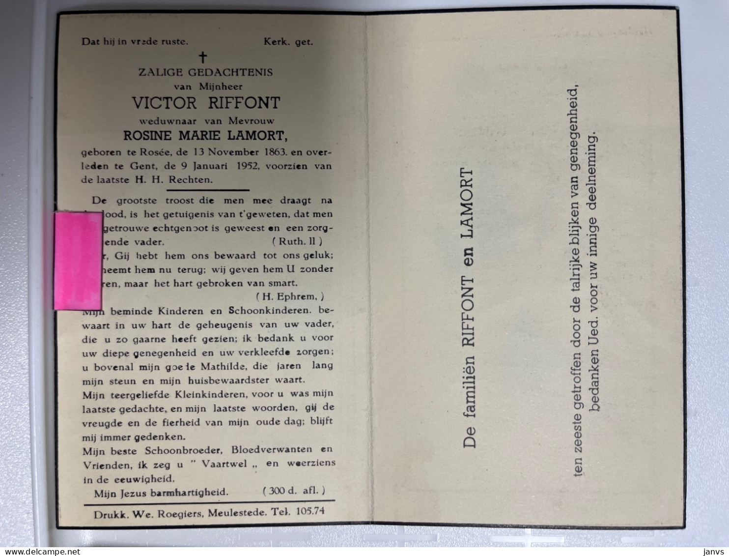 Devotie Devotion  DP - Overlijden Victor Riffont Wwe Lamort - Rosée 1863 - Gent 1952 - Todesanzeige